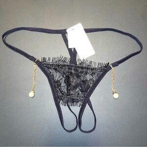 NEW Black Lace Crotchless Strappy Thong Panties With Chain Link & Pearls